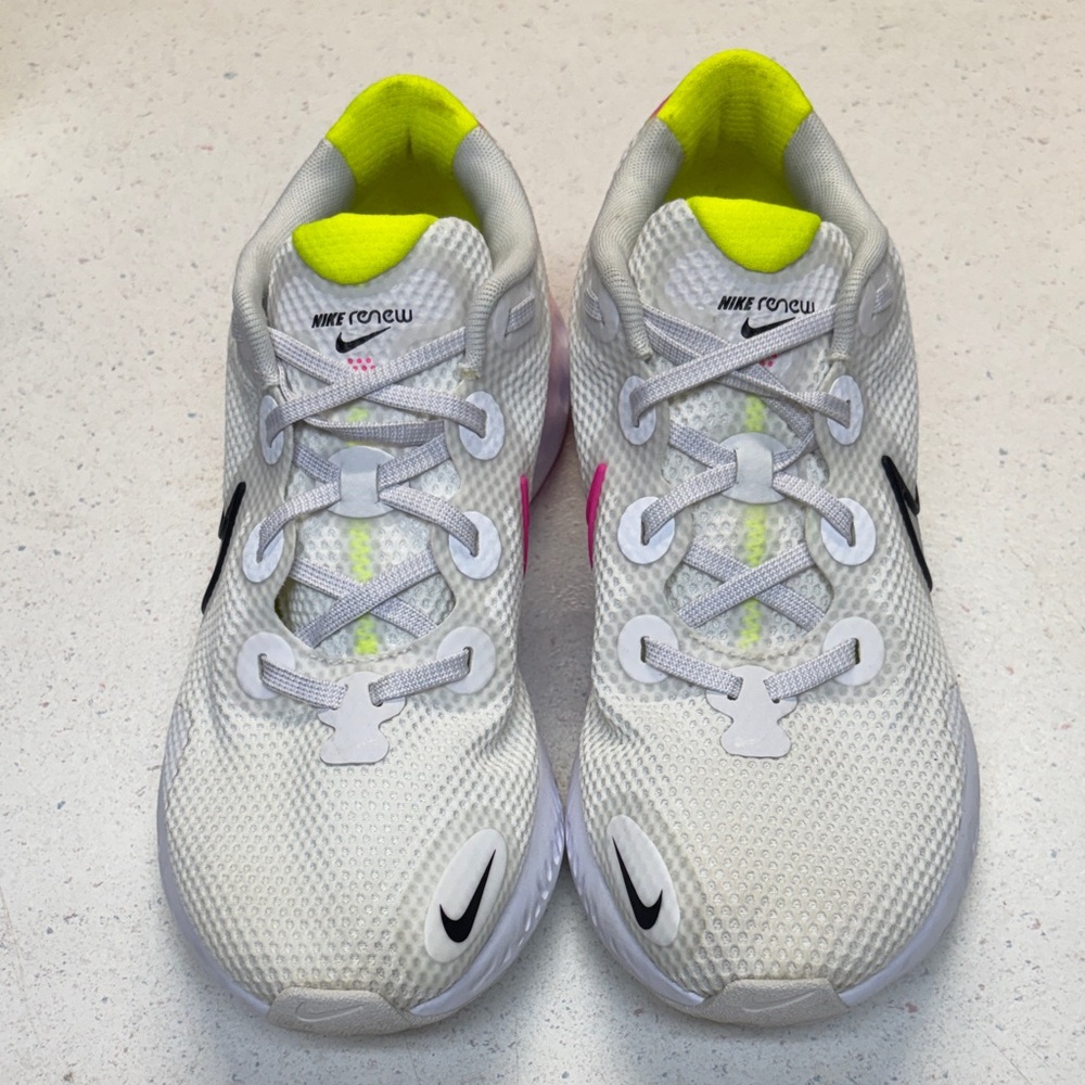 Nike White Sneakers with Neon Pink and Yellow Accents